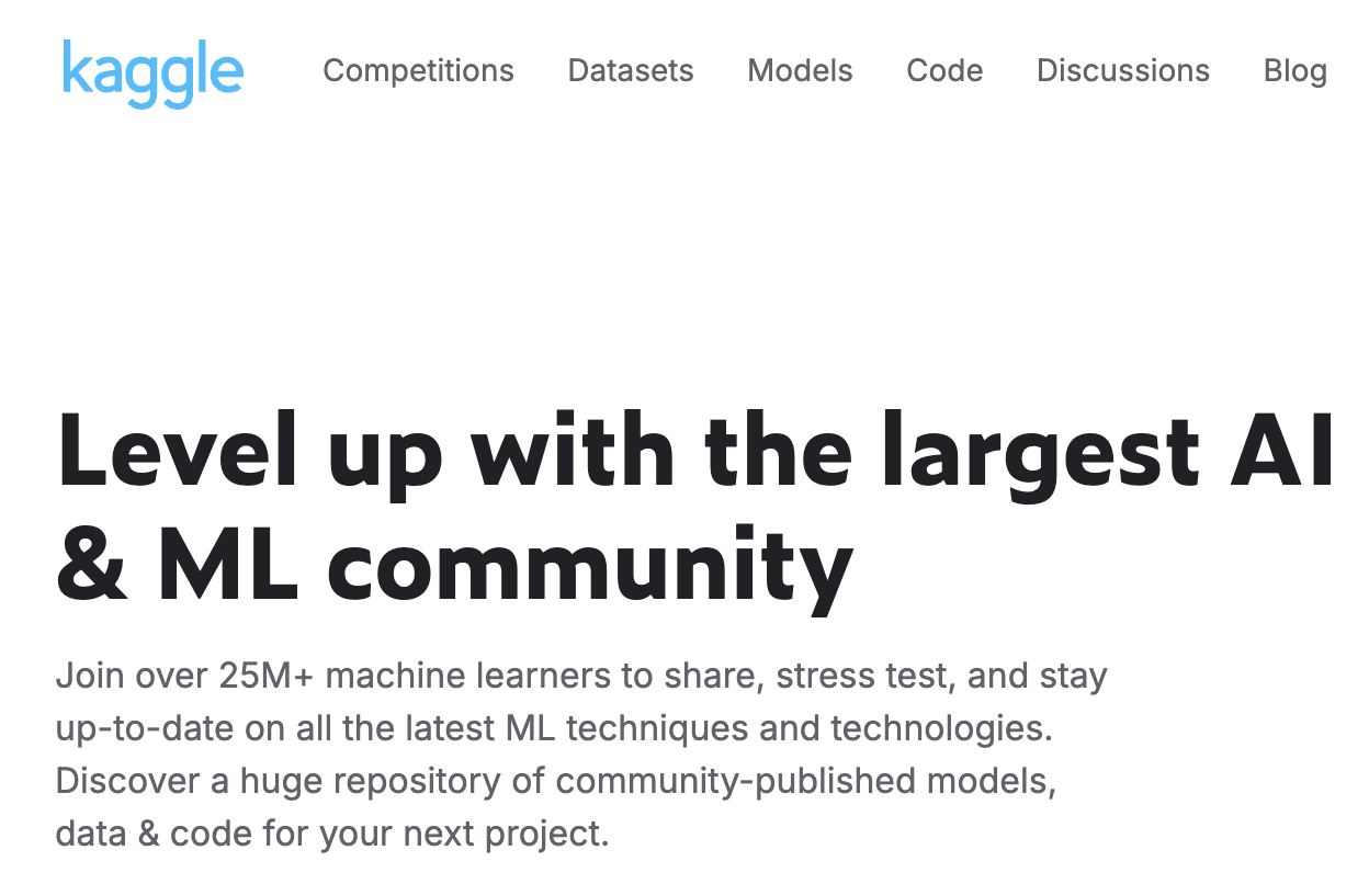 Kaggle home page advertising its datasets and ML community