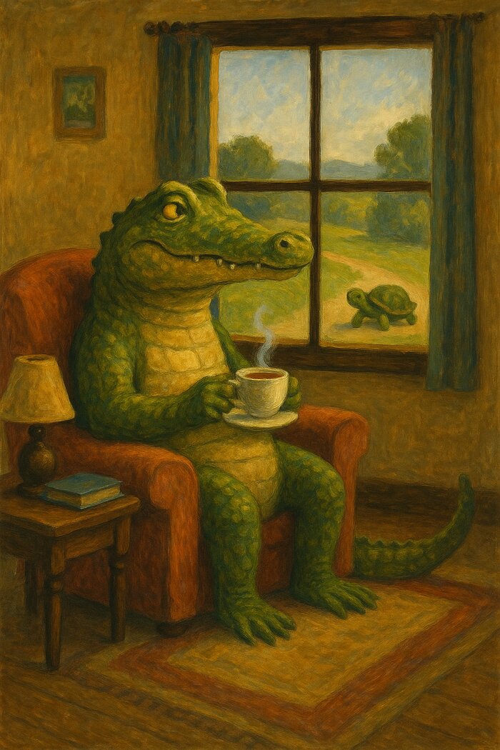 Illustration of a crocodile in an armchair and a turtle arriving at the window