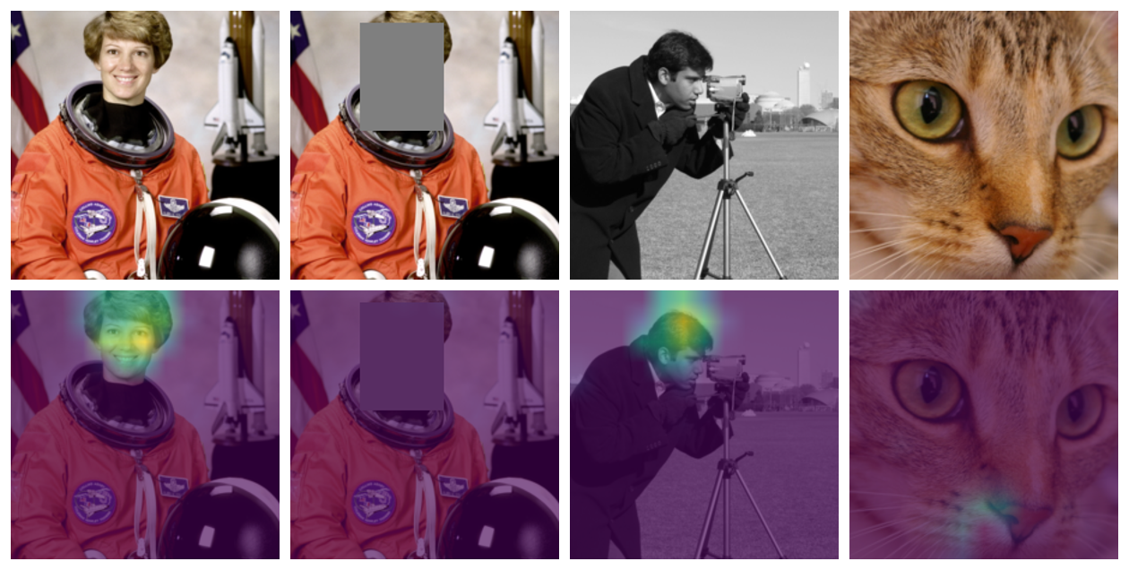 Conv5 channel 174 overlaid on four images: strong on the astronaut's face, silent when the face is covered, strong on the cameraman's face, weak on a cat