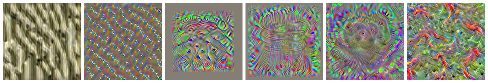 Synthetic images that maximize six AlexNet units, from vertical stripes in conv1 to goldfish-like shapes for the goldfish class