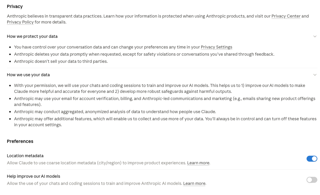 Claude privacy settings page: how Anthropic protects and uses data, with toggles for location metadata (on) and Help improve our AI models (off)